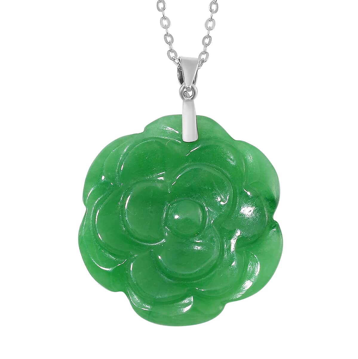 Green Jade (D) 40.00 ctw Carved Rose Floral Pendant Necklace in Rhodium Over Sterling Silver 18 Inches image number 0