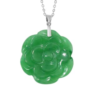 Green Jade (D) 40.00 ctw Carved Rose Floral Pendant Necklace in Rhodium Over Sterling Silver 18 Inches