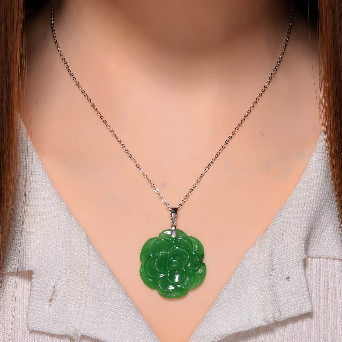 Green Jade (D) 40.00 ctw Carved Rose Floral Pendant Necklace in Rhodium Over Sterling Silver 18 Inches image number 1