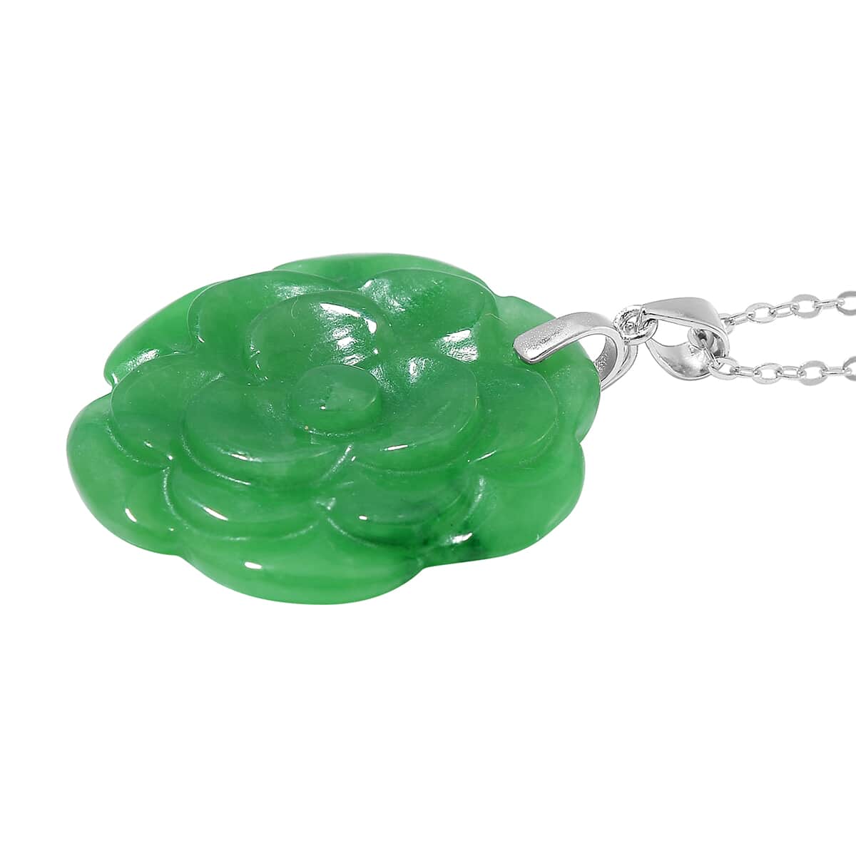 Green Jade (D) 40.00 ctw Carved Rose Floral Pendant Necklace in Rhodium Over Sterling Silver 18 Inches image number 2