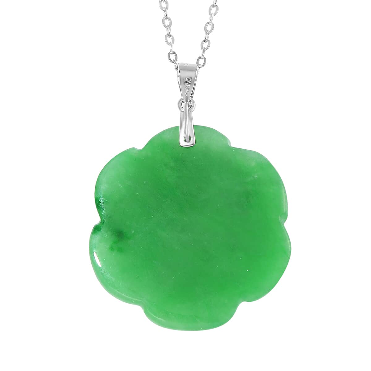 Green Jade (D) 40.00 ctw Carved Rose Floral Pendant Necklace in Rhodium Over Sterling Silver 18 Inches image number 3