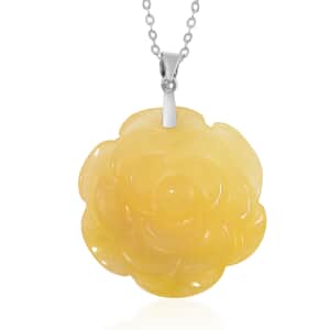 Yellow Jade (D) 40.00 ctw Carved Rose Floral Pendant Necklace in Rhodium Over Sterling Silver 18 Inches