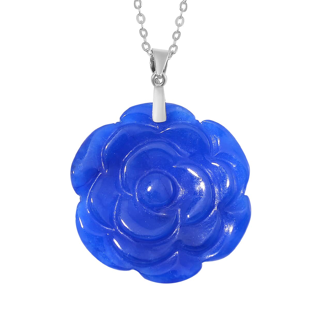 Blue Jade (D) 40.00 ctw Carved Rose Floral Pendant Necklace in Rhodium Over Sterling Silver 18 Inches image number 0