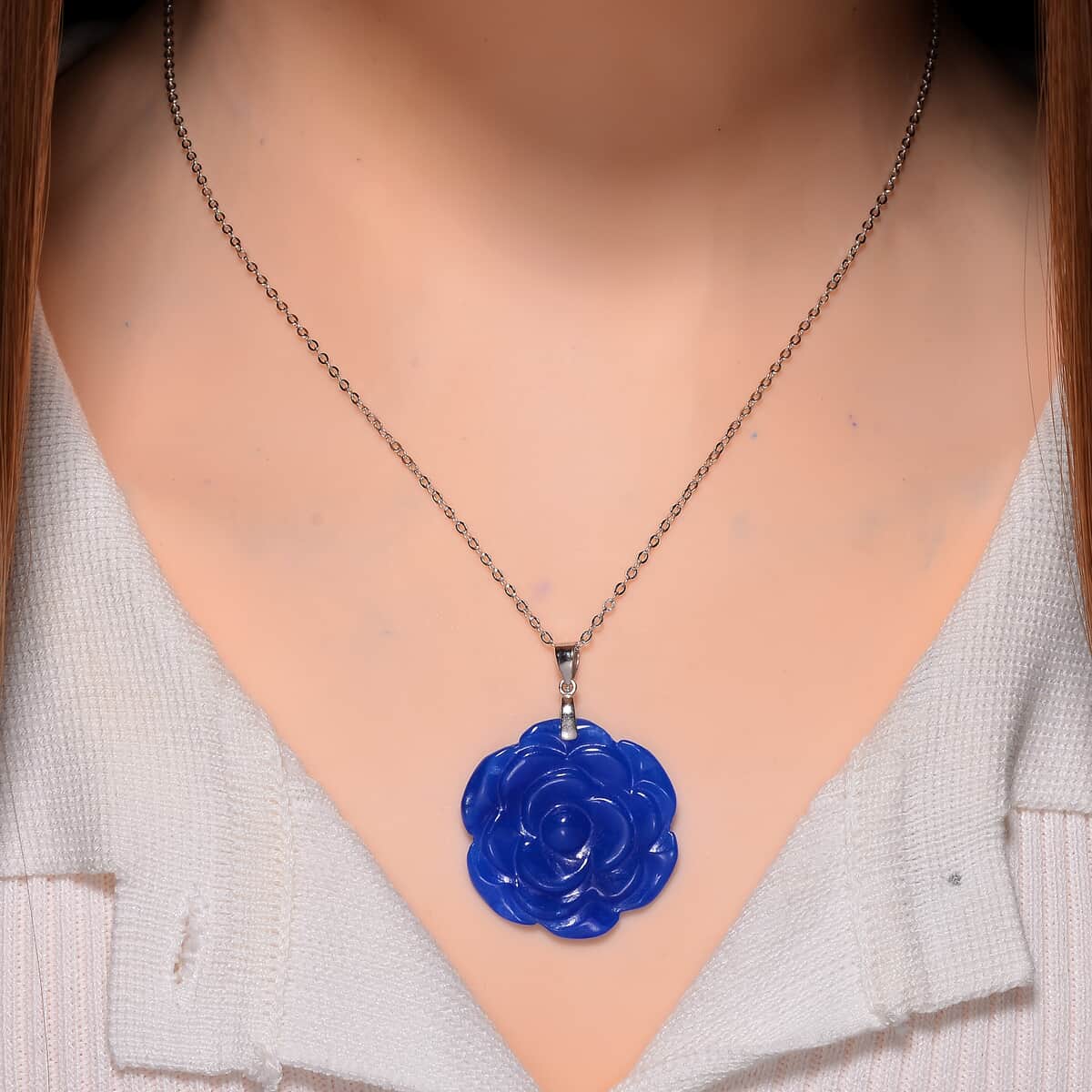 Blue Jade (D) 40.00 ctw Carved Rose Floral Pendant Necklace in Rhodium Over Sterling Silver 18 Inches image number 1