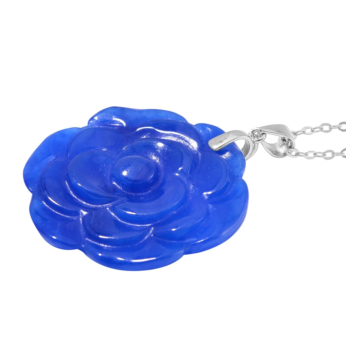 Blue Jade (D) 40.00 ctw Carved Rose Floral Pendant Necklace in Rhodium Over Sterling Silver 18 Inches image number 2