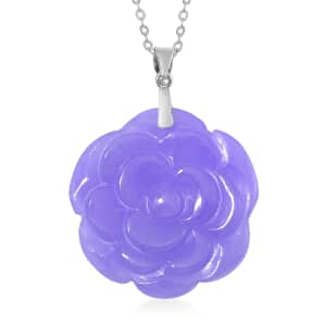 Purple Jade (D) 40.00 ctw Carved Rose Floral Pendant Necklace in Rhodium Over Sterling Silver 18 Inches