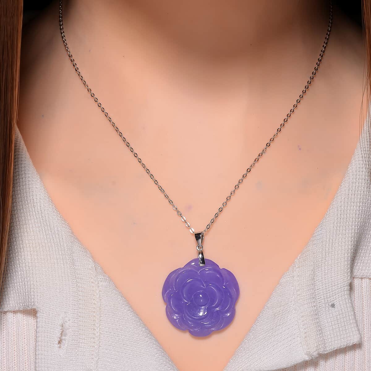 Purple Jade (D) 40.00 ctw Carved Rose Floral Pendant Necklace in Rhodium Over Sterling Silver 18 Inches image number 1