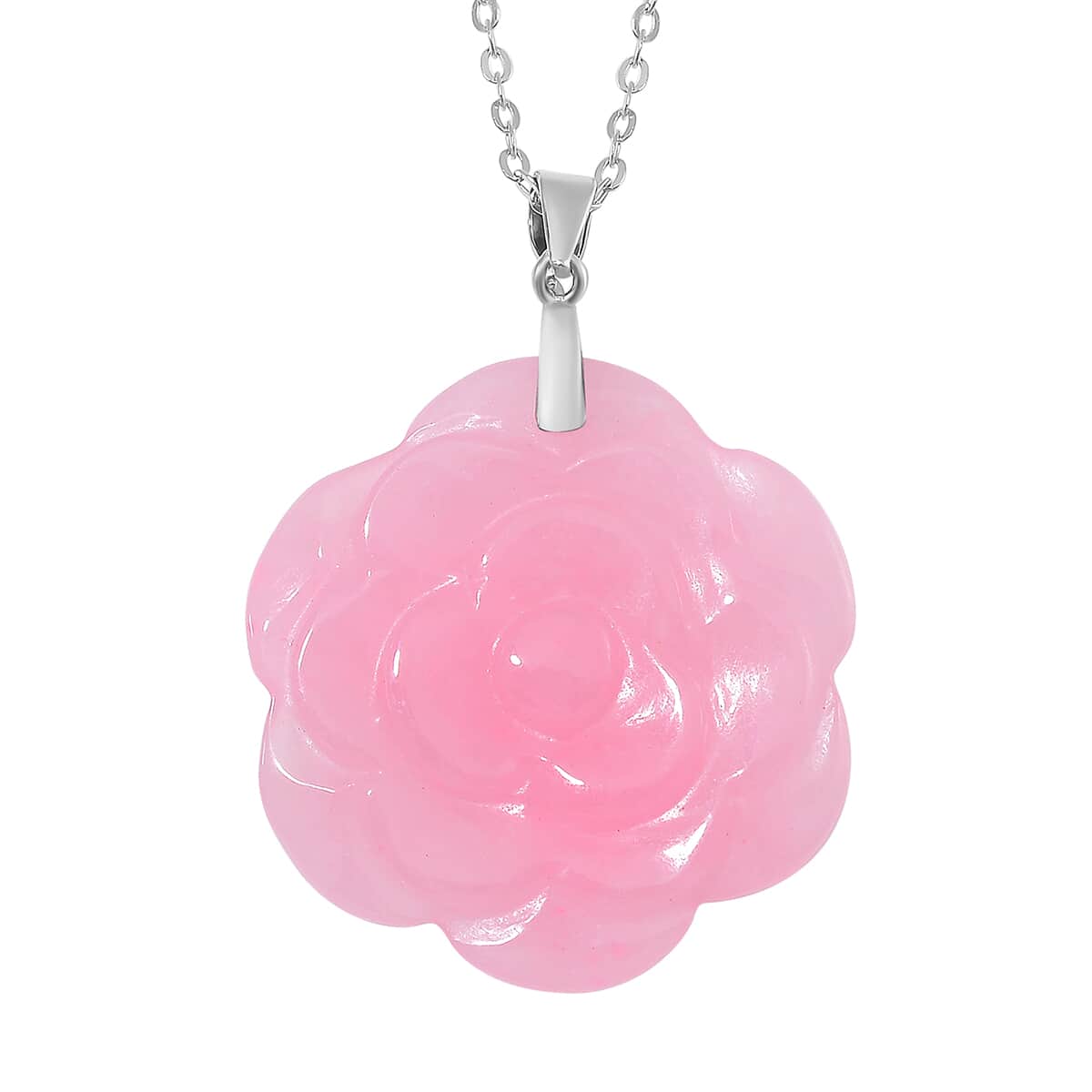 Pink Jade (D) 40.00 ctw Carved Rose Floral Pendant Necklace in Rhodium Over Sterling Silver 18 Inches image number 0