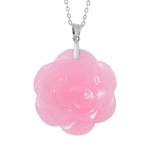 Pink Jade (D) 40.00 ctw Carved Rose Floral Pendant Necklace in Rhodium Over Sterling Silver 18 Inches