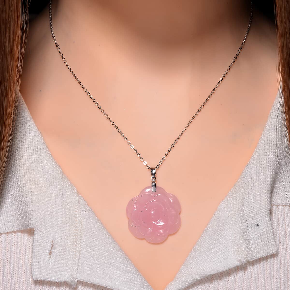 Pink Jade (D) 40.00 ctw Carved Rose Floral Pendant Necklace in Rhodium Over Sterling Silver 18 Inches image number 1