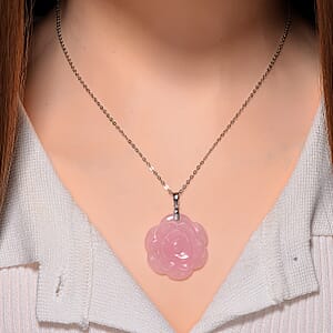 Pink Jade (D) 40.00 ctw Carved Rose Floral Pendant Necklace in Rhodium Over Sterling Silver 18 Inches