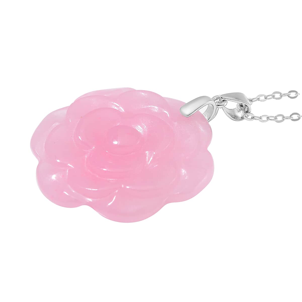 Pink Jade (D) 40.00 ctw Carved Rose Floral Pendant Necklace in Rhodium Over Sterling Silver 18 Inches image number 2