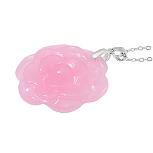 Pink Jade (D) 40.00 ctw Carved Rose Floral Pendant Necklace in Rhodium Over Sterling Silver 18 Inches