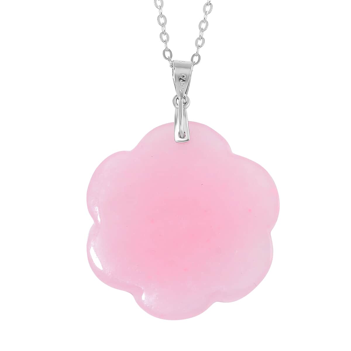 Pink Jade (D) 40.00 ctw Carved Rose Floral Pendant Necklace in Rhodium Over Sterling Silver 18 Inches image number 3