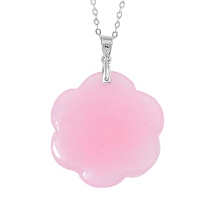 Pink Jade (D) 40.00 ctw Carved Rose Floral Pendant Necklace in Rhodium Over Sterling Silver 18 Inches