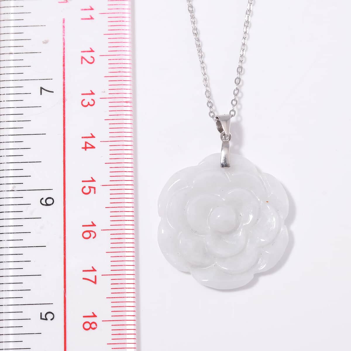 White Jade 40.00 ctw Carved Rose Floral Pendant Necklace in Rhodium Over Sterling Silver 18 Inches image number 0