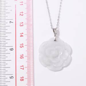 White Jade 40.00 ctw Carved Rose Floral Pendant Necklace in Rhodium Over Sterling Silver 18 Inches