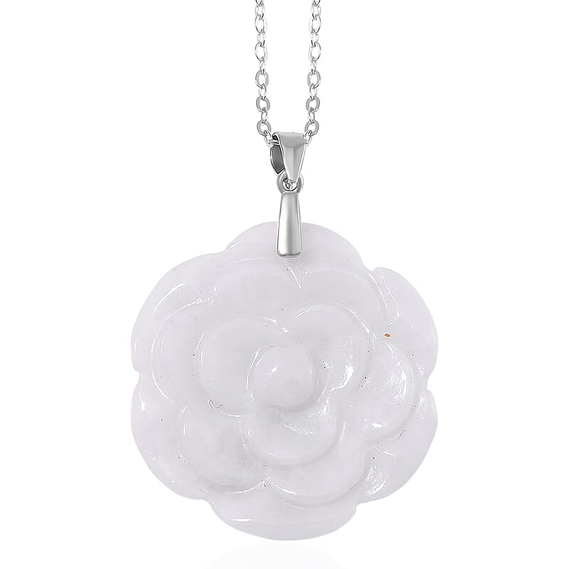 Natural Jade 40.00 ctw Carved Rose Floral Pendant Necklace in Rhodium Over Sterling Silver 18 Inches