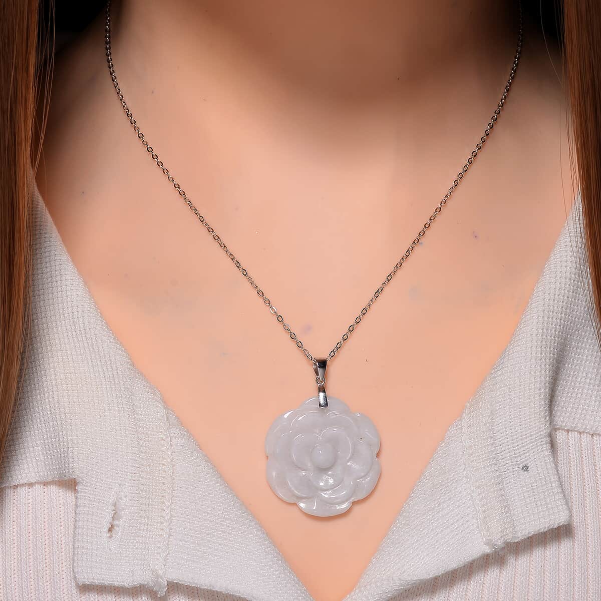 White Jade 40.00 ctw Carved Rose Floral Pendant Necklace in Rhodium Over Sterling Silver 18 Inches image number 1