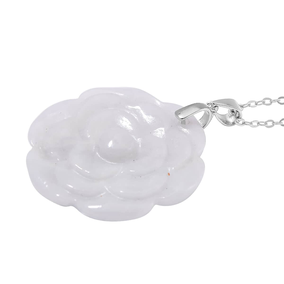 White Jade 40.00 ctw Carved Rose Floral Pendant Necklace in Rhodium Over Sterling Silver 18 Inches image number 2