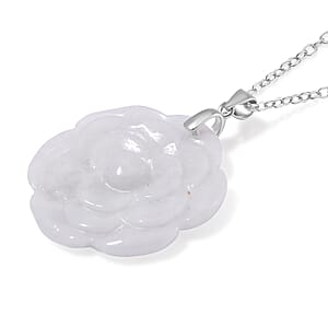 Natural Jade 40.00 ctw Carved Rose Floral Pendant Necklace in Rhodium Over Sterling Silver 18 Inches