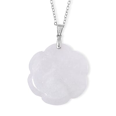 Natural Jade 40.00 ctw Carved Rose Floral Pendant Necklace in Rhodium Over Sterling Silver 18 Inches