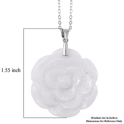 Natural Jade 40.00 ctw Carved Rose Floral Pendant Necklace in Rhodium Over Sterling Silver 18 Inches