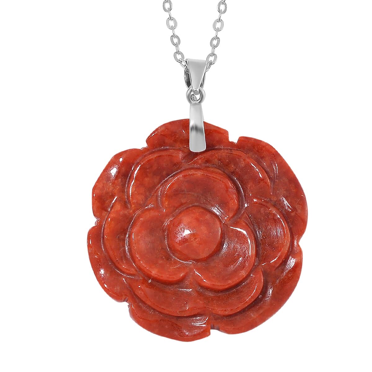 Red Jade (D) 40.00 ctw Carved Rose Floral Pendant Necklace in Rhodium Over Sterling Silver 18 Inches image number 0