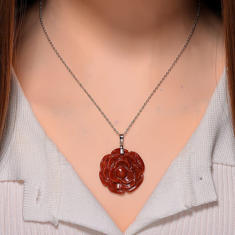 Red Jade (D) 40.00 ctw Carved Rose Floral Pendant Necklace in Rhodium Over Sterling Silver 18 Inches