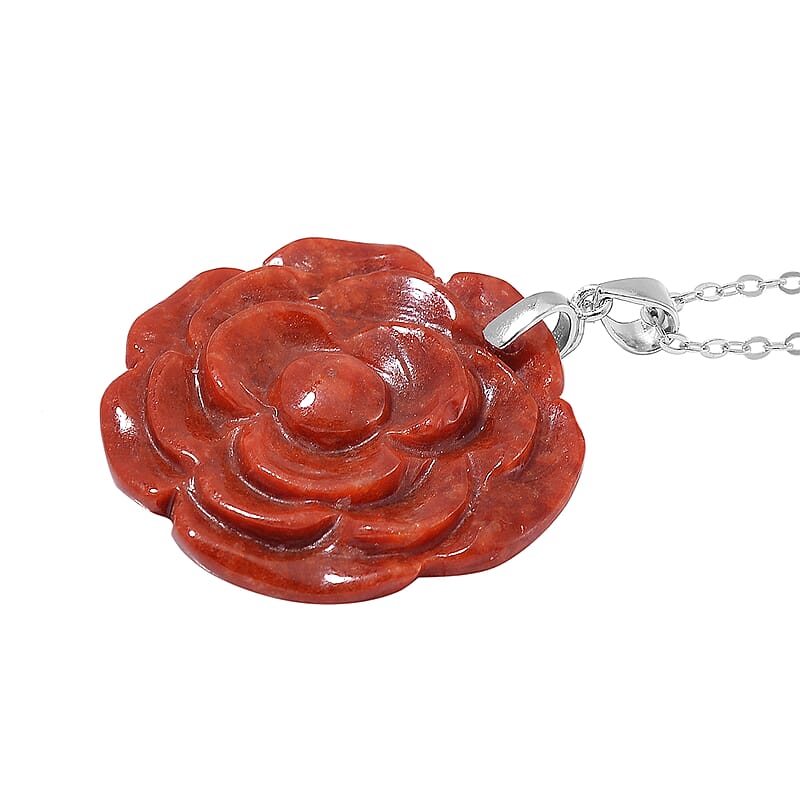Red Jade (D) 40.00 ctw Carved Rose Floral Pendant Necklace in Rhodium Over Sterling Silver 18 Inches