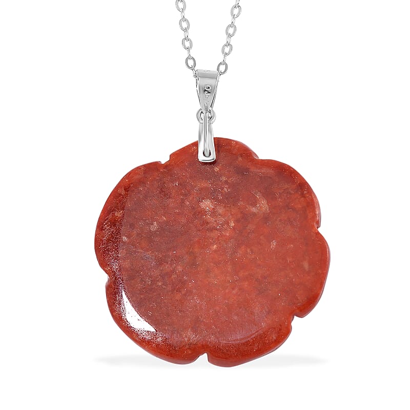 Red Jade (D) 40.00 ctw Carved Rose Floral Pendant Necklace in Rhodium Over Sterling Silver 18 Inches