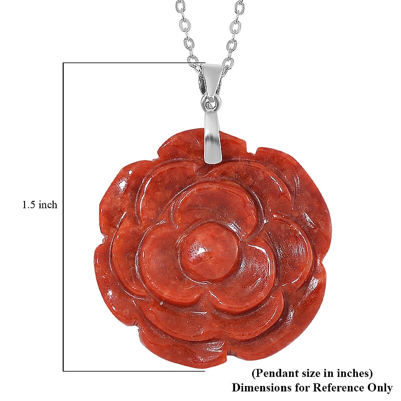 Red Jade (D) 40.00 ctw Carved Rose Floral Pendant Necklace in Rhodium Over Sterling Silver 18 Inches
