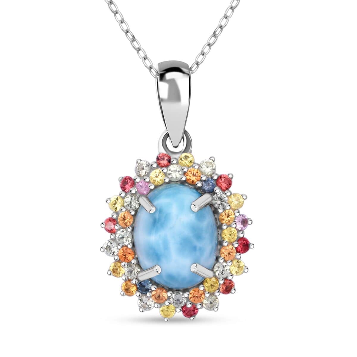 Premium Larimar and Multi Sapphire 4.00 ctw Floral Pendant Necklace in Rhodium Over Sterling Silver 18 Inches image number 0