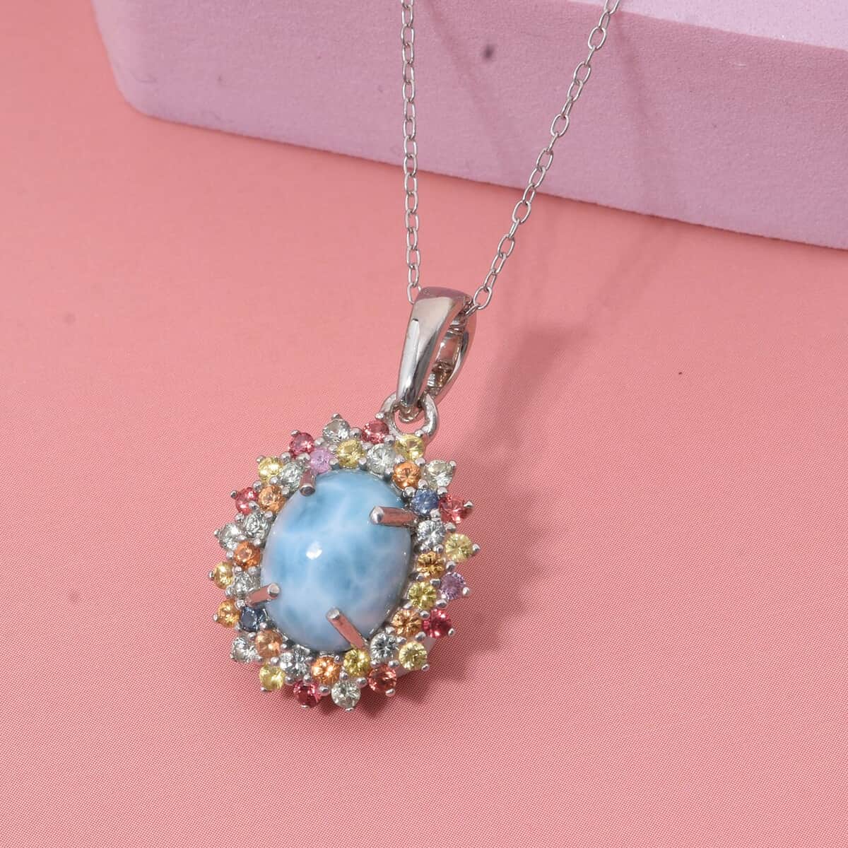 Premium Larimar and Multi Sapphire 4.00 ctw Floral Pendant Necklace in Rhodium Over Sterling Silver 18 Inches image number 1