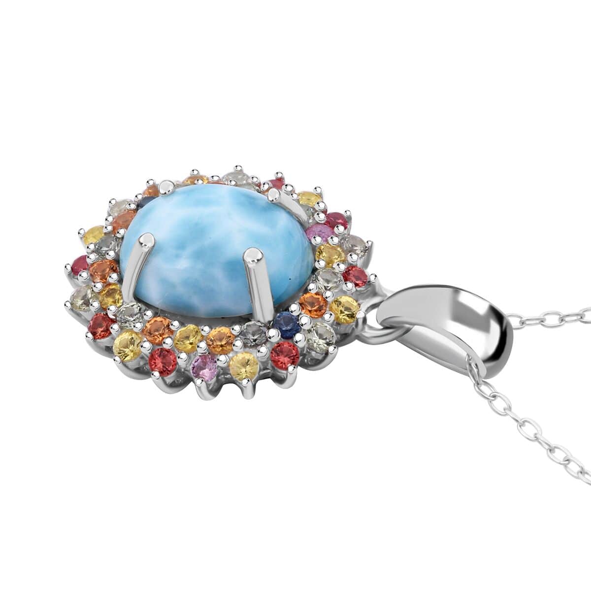 Premium Larimar and Multi Sapphire 4.00 ctw Floral Pendant Necklace in Rhodium Over Sterling Silver 18 Inches image number 3