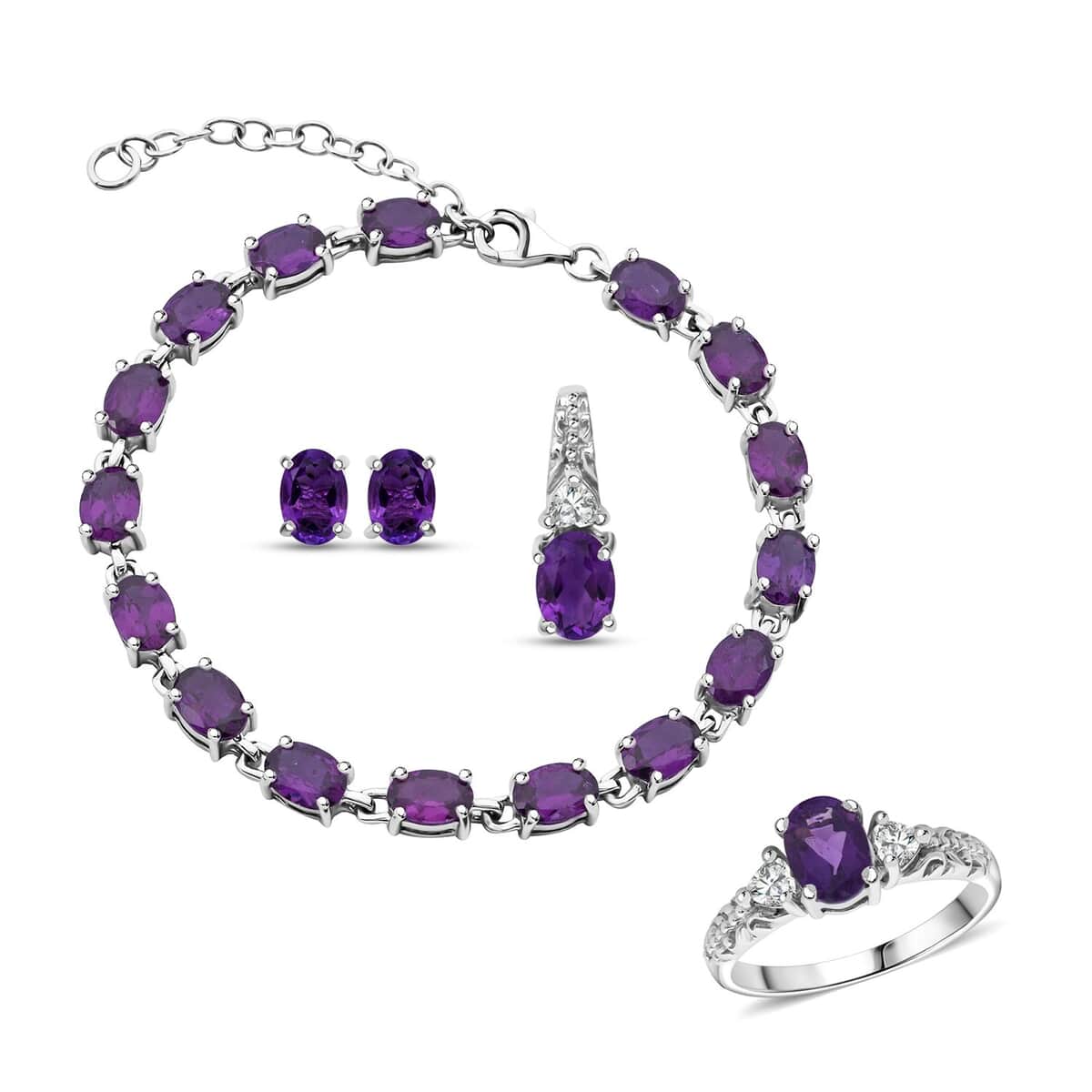 African Amethyst and White Topaz 16.50 ctw Ring (Size 7.0), Stud Earrings, Pendant and Bracelet (7.00In) in Rhodium Over Sterling Silver image number 0