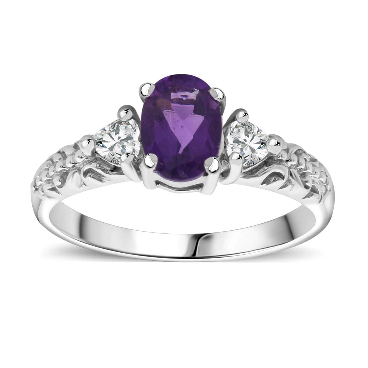 African Amethyst and White Topaz 16.50 ctw Ring (Size 7.0), Stud Earrings, Pendant and Bracelet (7.00In) in Rhodium Over Sterling Silver image number 2