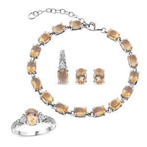 Brazilian Citrine and White Topaz 16.50 ctw Bracelet (7.0-8.50In), Ring (Size 7.0), Stud Earrings, Pendant without Chain in Rhodium Over Sterling Silver