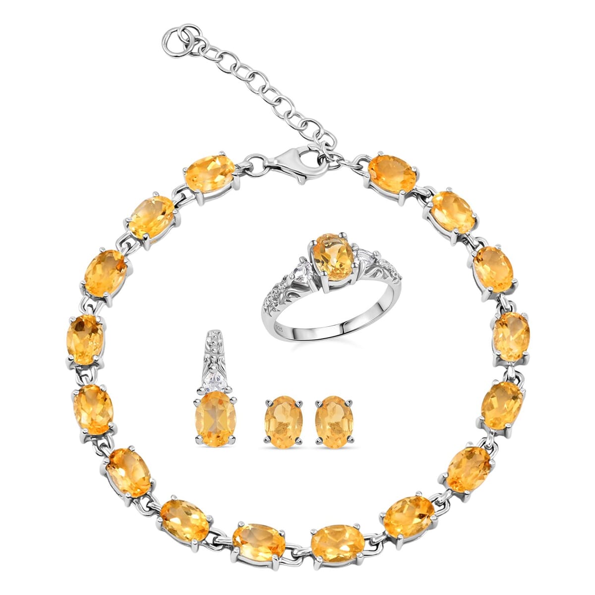 Brazilian Citrine and White Topaz 16.50 ctw Bracelet (7.0-8.50In), Ring (Size 8.0), Stud Earrings, Pendant without Chain in Rhodium Over Sterling Silver image number 0