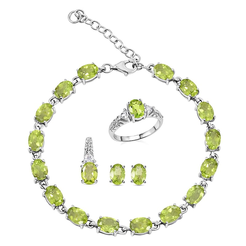Hebei Peridot and White Topaz 16.50 ctw Bracelet (7.0-8.50In), Ring (Size 6.0), Stud Earrings and Pendant without Chain in Rhodium Over Sterling Silver