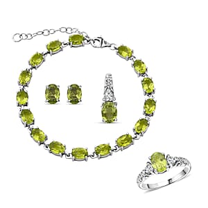 Peridot and White Topaz 16.50 ctw Bracelet (7.0-8.50In), Ring (Size 7.0), Stud Earrings and Pendant without Chain in Rhodium Over Sterling Silver