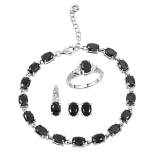 Thai Black Spinel and White Topaz 16.50 ctw Bracelet (7.0-8.50In), Ring (Size 5.0), Stud Earrings and Pendant without Chain in Rhodium Over Sterling Silver