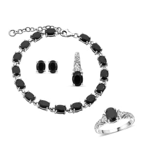 Thai Black Spinel and White Topaz 16.50 ctw Bracelet (7.0-8.50In), Ring (Size 7.0), Stud Earrings and Pendant without Chain in Rhodium Over Sterling Silver
