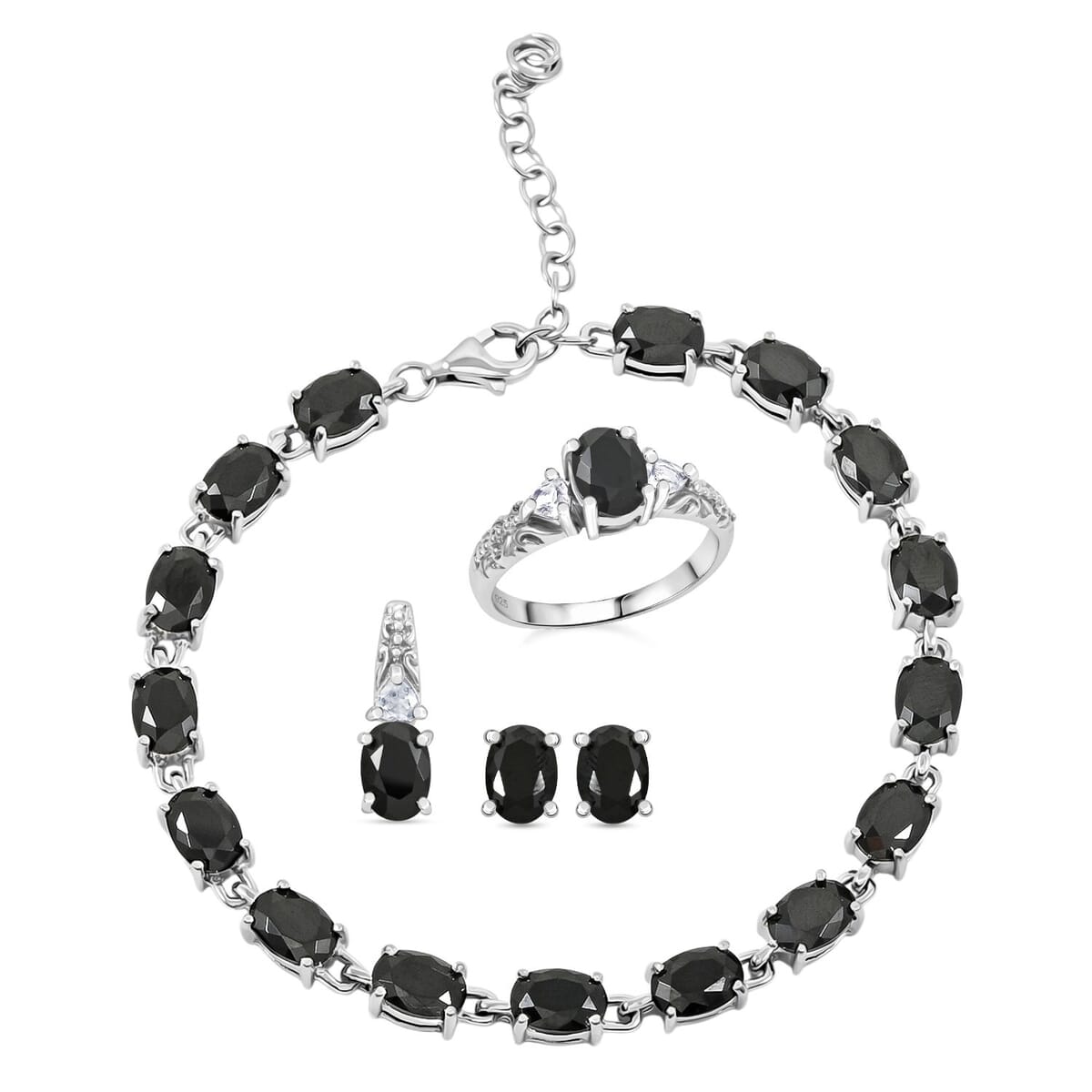 Thai Black Spinel and White Topaz 16.50 ctw Bracelet (7.0-8.50In), Ring (Size 8.0), Stud Earrings and Pendant without Chain in Rhodium Over Sterling Silver image number 0
