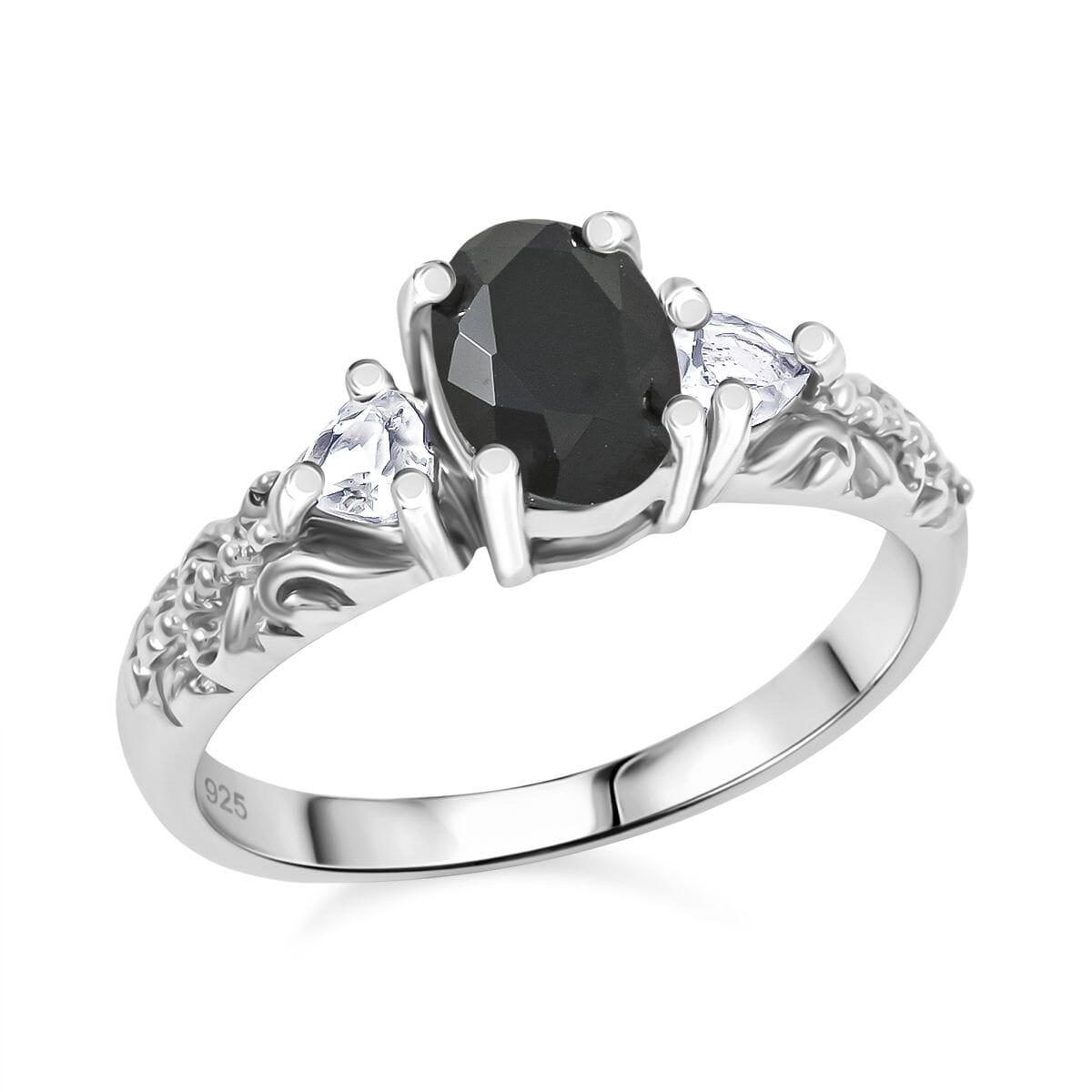 Thai Black Spinel and White Topaz 16.50 ctw Bracelet (7.0-8.50In), Ring (Size 8.0), Stud Earrings and Pendant without Chain in Rhodium Over Sterling Silver image number 1