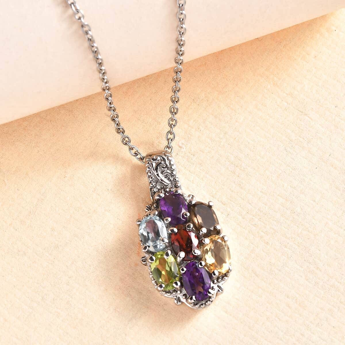 Multi Gemstone 3.30 ctw Pendant Necklace in Stainless Steel 20 Inches image number 1