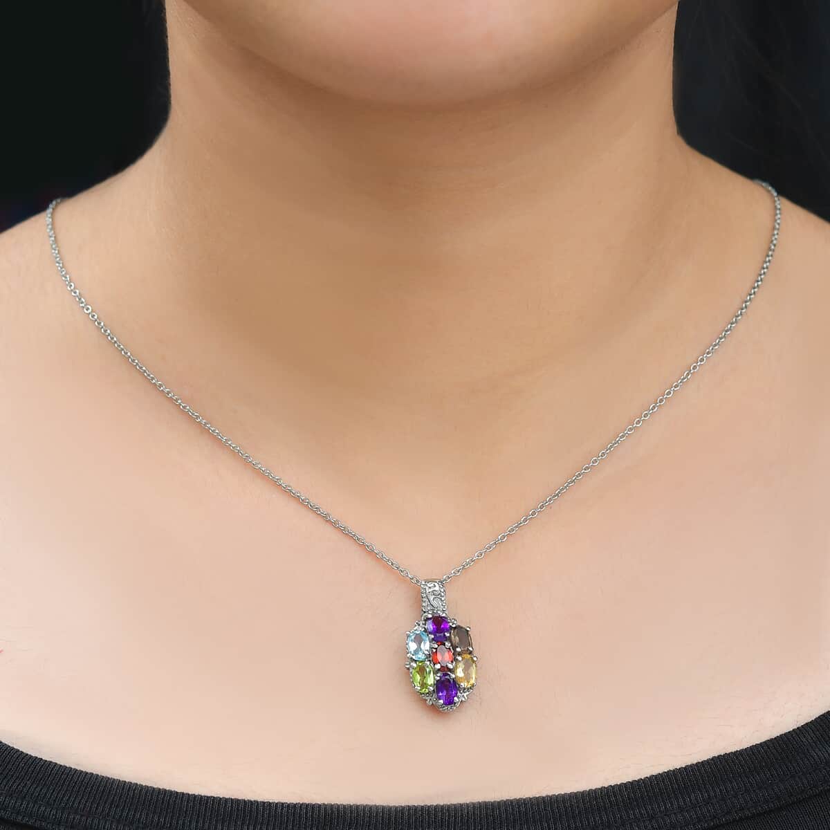 Multi Gemstone 3.30 ctw Pendant Necklace in Stainless Steel 20 Inches image number 2