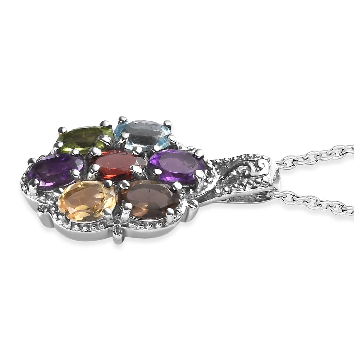 Multi Gemstone 3.30 ctw Pendant Necklace in Stainless Steel 20 Inches image number 3