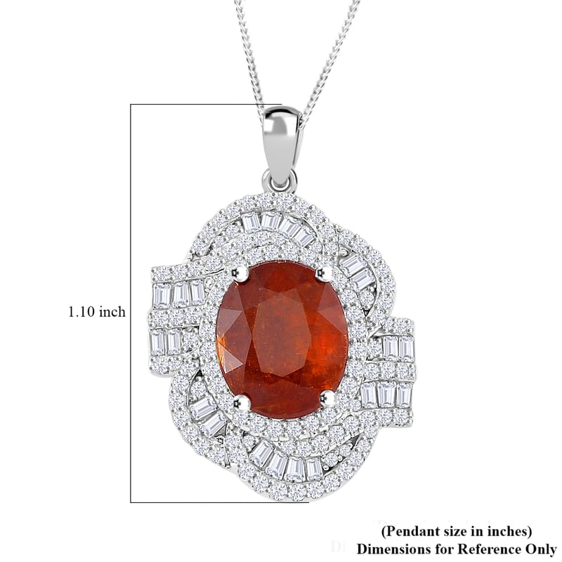 Tangerine Kyanite and Moissanite 5.00 ctw Swirl Halo Pendant Necklace in Rhodium Over Sterling Silver 20 Inches