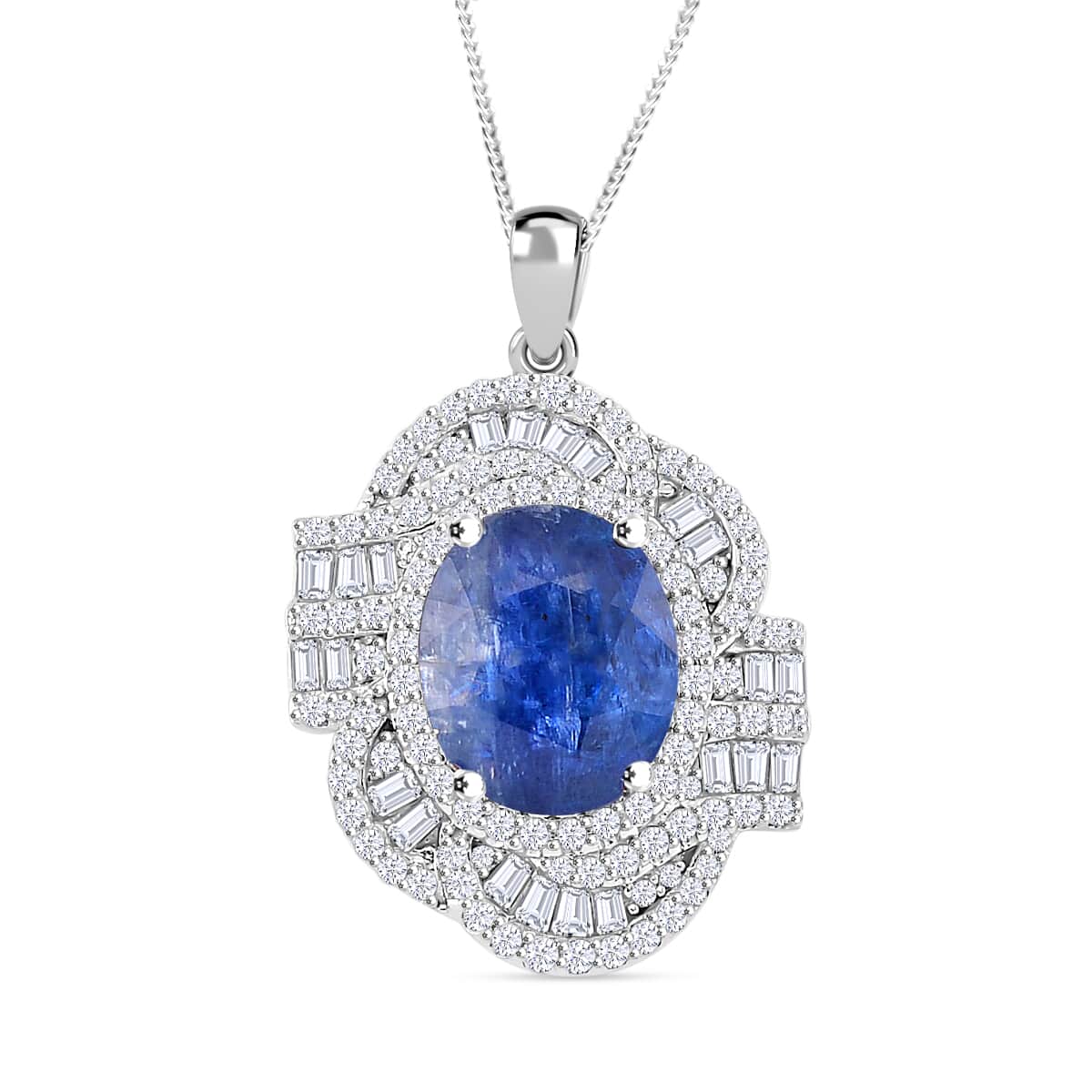 Kashmir Kyanite and Moissanite 5.00 ctw Swirl Halo Pendant Necklace in Rhodium Over Sterling Silver 20 Inches image number 0